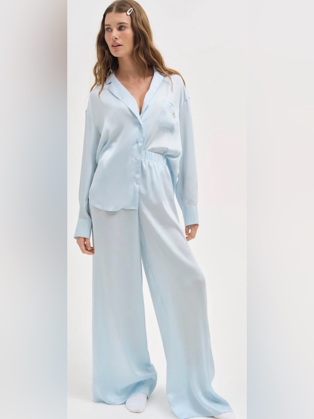 NWT For Love & Lemons Everyday Blue Satin Pajama Set Pants Top S/M